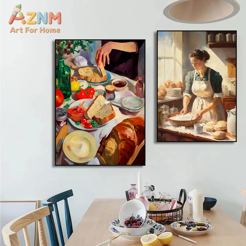 The Breadmaker Cheese Vintage Food Fruit Wine Poster Art, Kitchen Canvas Painting Antique Floral Food Baker Gift Home Decor