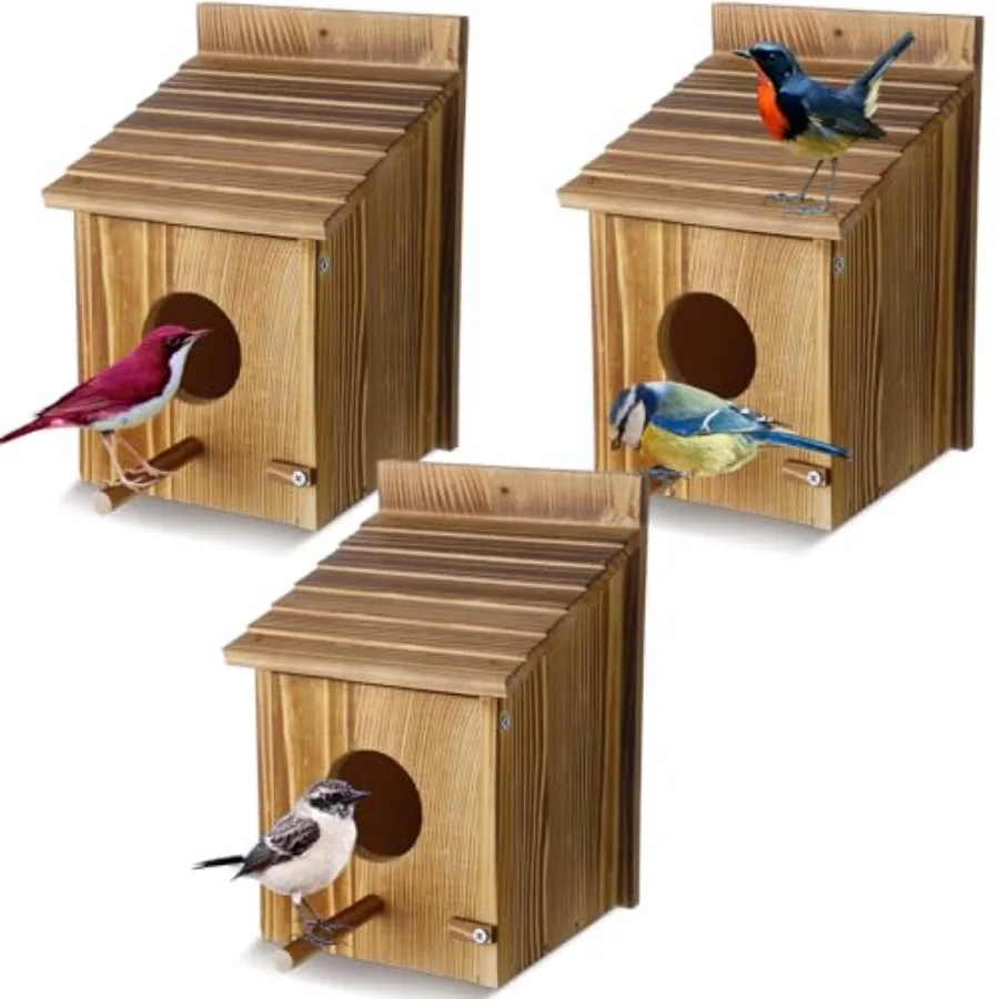

3 Pcs Wood Bird Houses for Outside with Pole Hanging Bluebird Wooden Birdhouse for Outdoor Small Bird Nest Box for Finch, Blueb