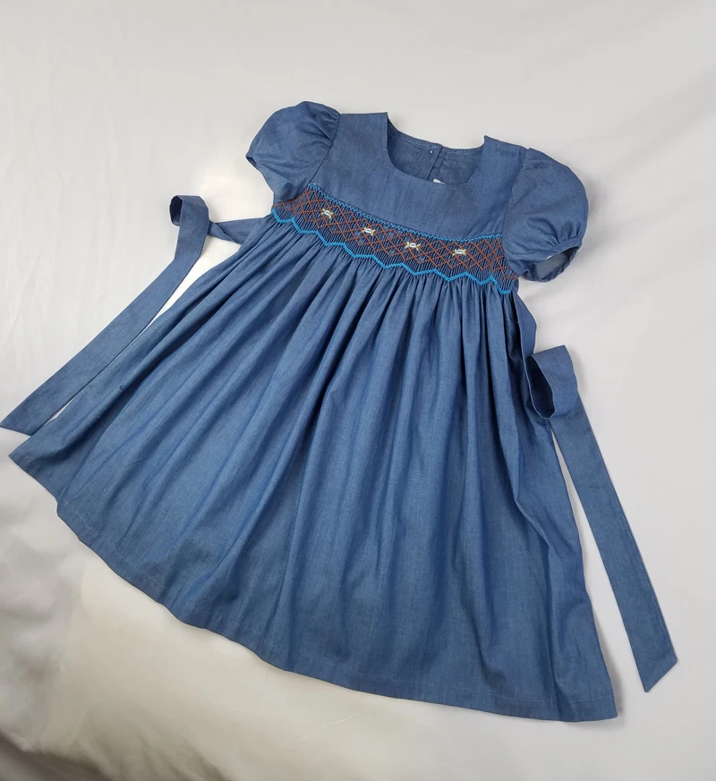 Summer Little Girl Princess Vintage Denim Smocked Dress Children handmade Embroidery Frocks Dresses Vestidos for 3 4 5 6 7 Years