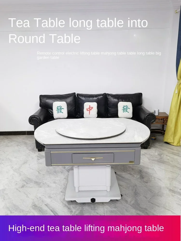 Long Table Changes to Large round Table Solid Wood Mahjong Machine Tea Table Lifting Electric Mahjong Table