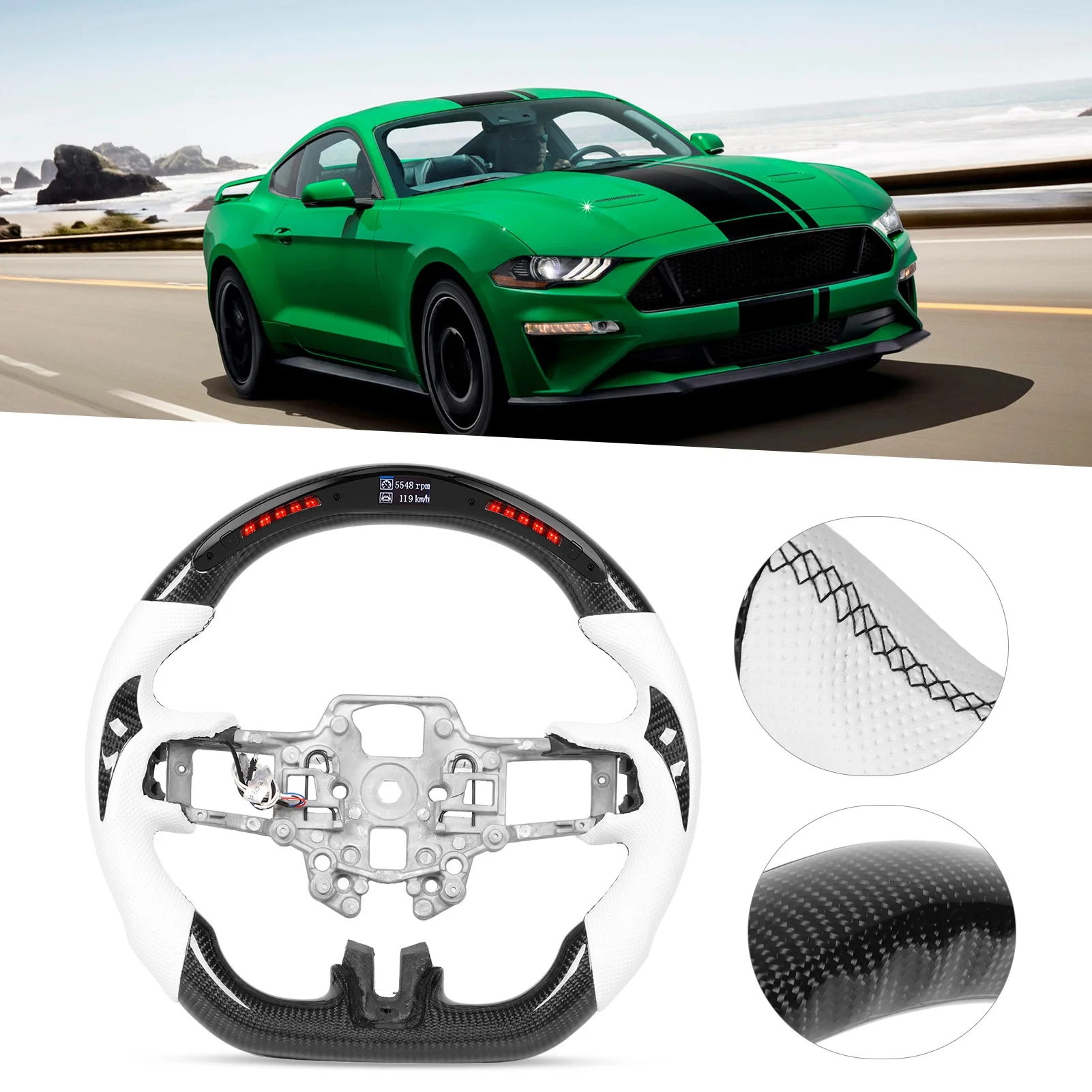 

Carbon LED Shift Lights Display Steering Wheel Perforated Leather Replacement for EcoBoost 2018‑2021 Car Steering Wheel