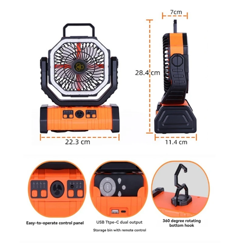 ABSU 10000Mah Battery Fan Rechargeable With Hook&Bright LED Light Remote Control Timer Auto Oscillation Cordless Fan