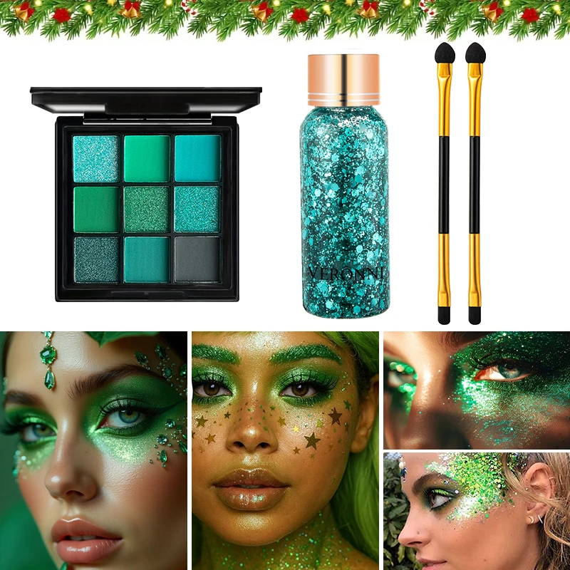 Paleta de sombras de ojos verdes de 9 colores + gel con purpurina + juego de brochas, kit de maquillaje pigmentado con brillo mate para fiesta de cosplay de Halloween