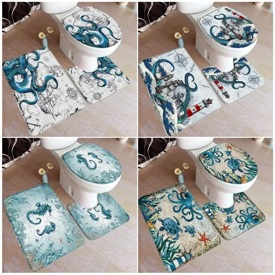 Ocean Octopus Zestaw mat do kąpieli Turtle Seahorse Vintage Nautical Map Sailboat Home Carpet Bathroom Decor Dywaniki podłogowe Pokrycie toalety