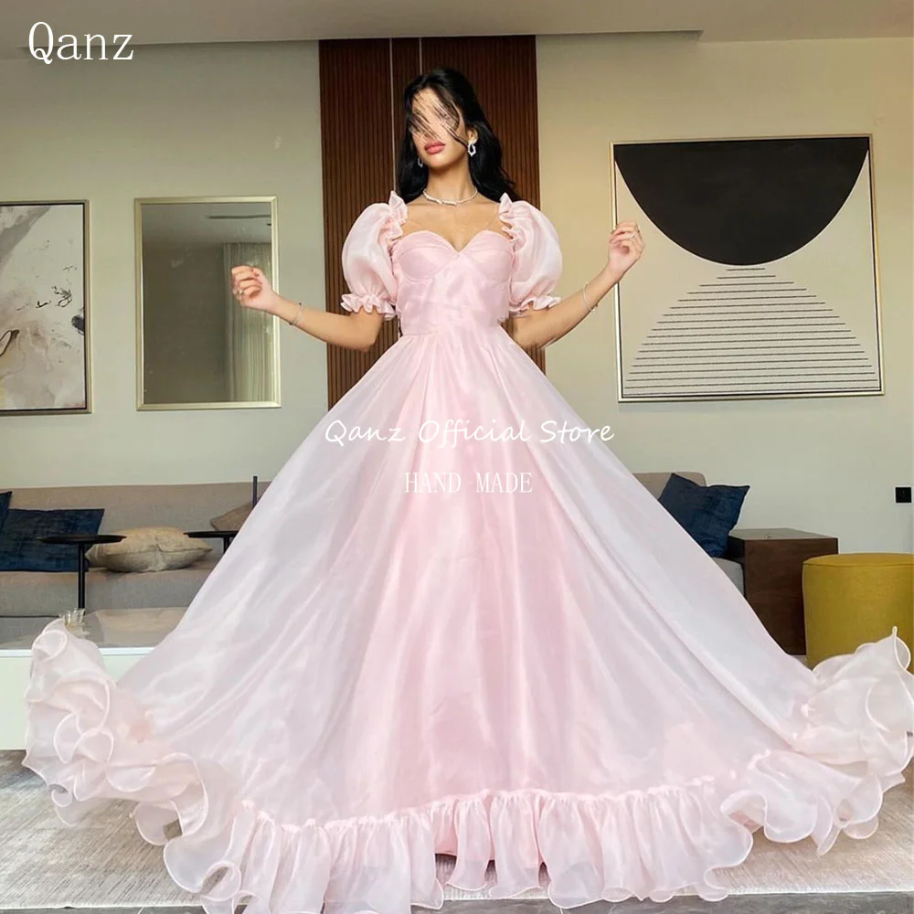 Qanz Pink Women Dresses Party And Wedding Formal Organza Ruched Puff Sleeves Evening Dresses Lace Up Back Prom Dress Customized