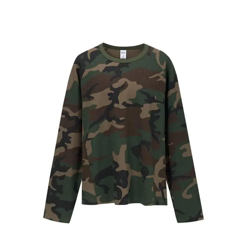 Street Trend Waffle Weave Camouflage Long Sleeve Tee Luxury Brand 2026 Autumn Release American Raglan‑Sleeve Casual Outerwear