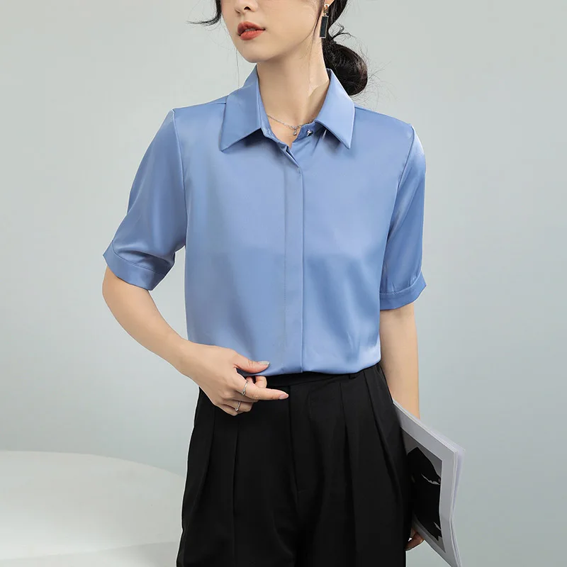 Camisa formal azul para senhora do escritório, tops soltos de deslocamento, pulôveres de manga curta, anti-engomar, tops anti-rugas, moda verão