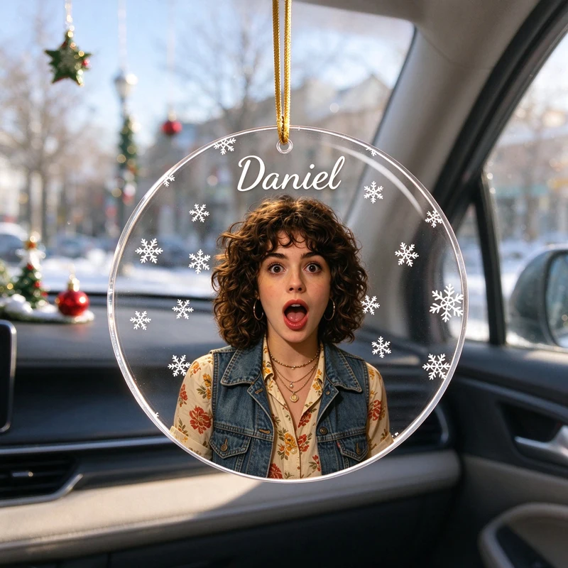 Custom Photo Name Christmas Acrylic Car Hanging Charm Round Pendant Personalized Rear View Mirror Pendant Pet Family Friend Gift