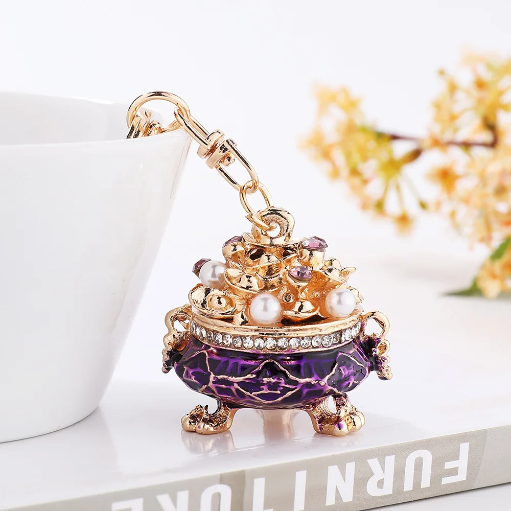 Chinese Cornucopia Treasure Basin Keychain Bling Rhinestone Pearl Wealth Ingot Pendant Metal Enamel Bag Charm Lucky Feng Shui