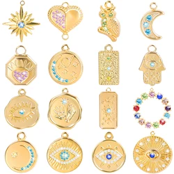 6pcs Stainless Steel Diamond Pendants Charms Rhinestone Owl Crescent Moon Evil Eye Hamsa Jewelry Decor DIY Making Necklace Gifts