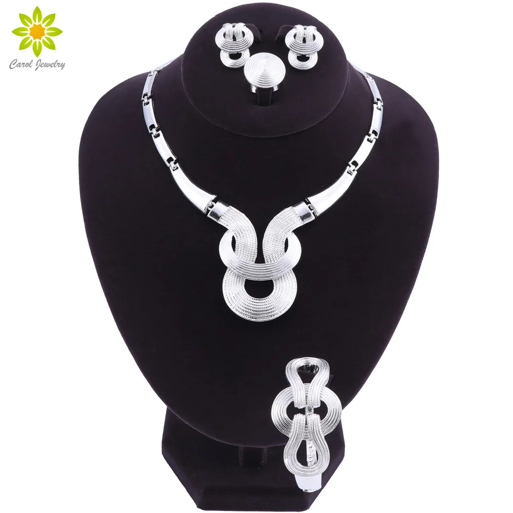 Fashion African Jewelry Set Nigerian Wedding Silver-color Beads Jewelry Set Bridal Necklace Earrings Bracelet Ring