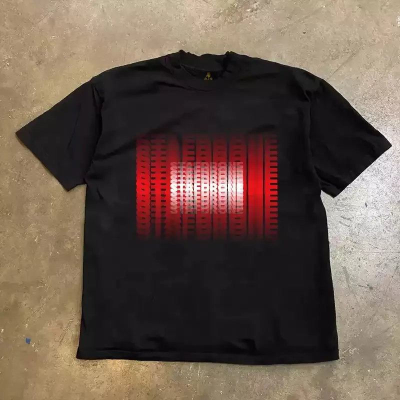 Unisex Layered Offset Text Graphic T‑Shirt Men Women Red Gradient Cyber Typography Street Art Print Tee 100% Cotton Loose Casual Streetwear Short Sleeve T Shirt.