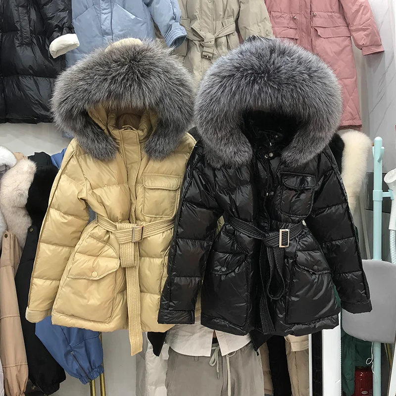 Doudoune à capuche en fourrure de renard pour femme, manteau de luxe, grand col, duvet de canard blanc, coupe ajustée à la taille, nouveau Style, Parka ample et décontractée, hiver 2023