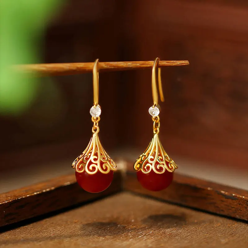

Chinese Style Copper Gold-plated Hollow Out Classical Festive Women's Earrings Retro Accessories