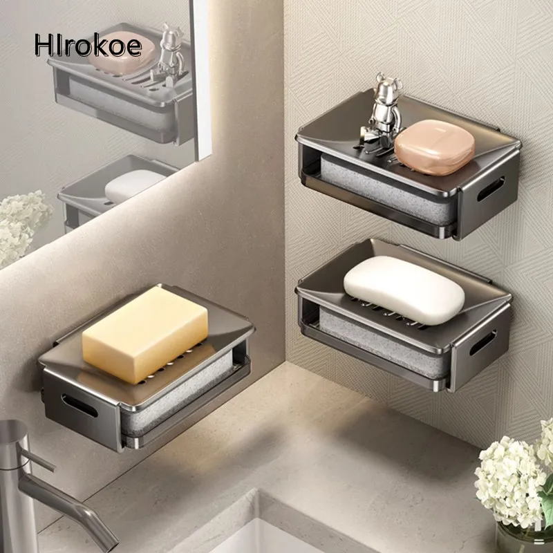 

Wall-Mounted Bathroom Punch-Free Household Soap Box Space Aluminum Sponge Rack Washable Storage Rack Soap Drain Box Soap Holder