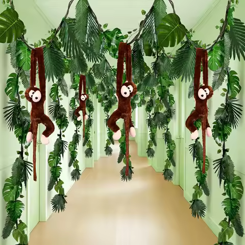 Jungle Theme Safari Party Decor 4 Hanging Stuffed Monkey 21ft Artificial Vines Rattan 60 Palm Leaf Set for Birthday Classroom