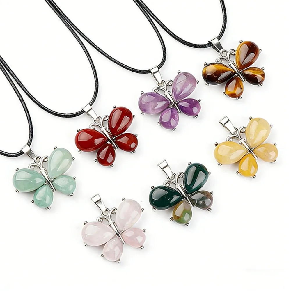 Butterfly Shape Natural Stone Pendants Necklaces, Healing Crystal Silver Plated Jewelry for Women