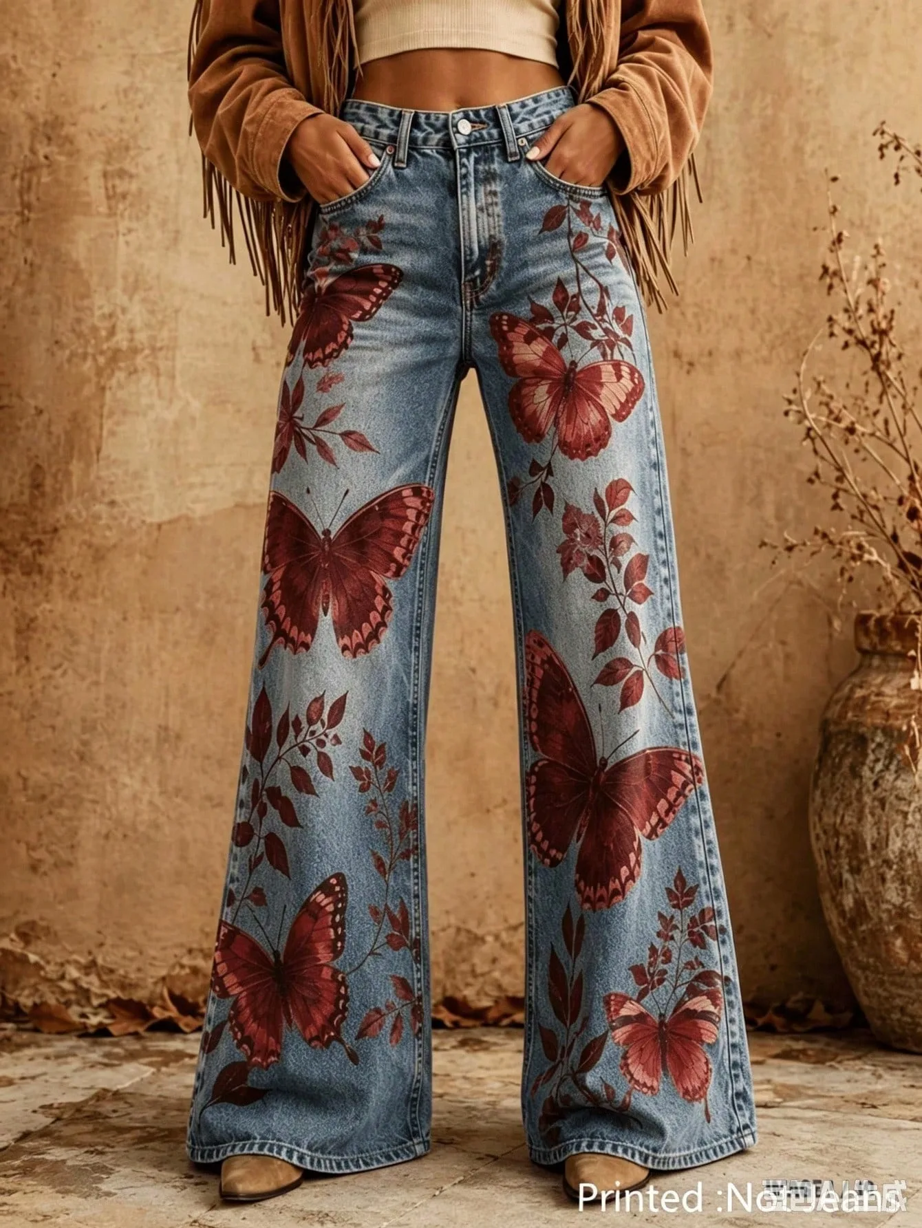 Halloween Women'S Vintage Butterfly Digital Print Washed Blue Wide Leg Pants, Casual Spring Fall Vacation Loose Trousers Capri Jean New Fall Style