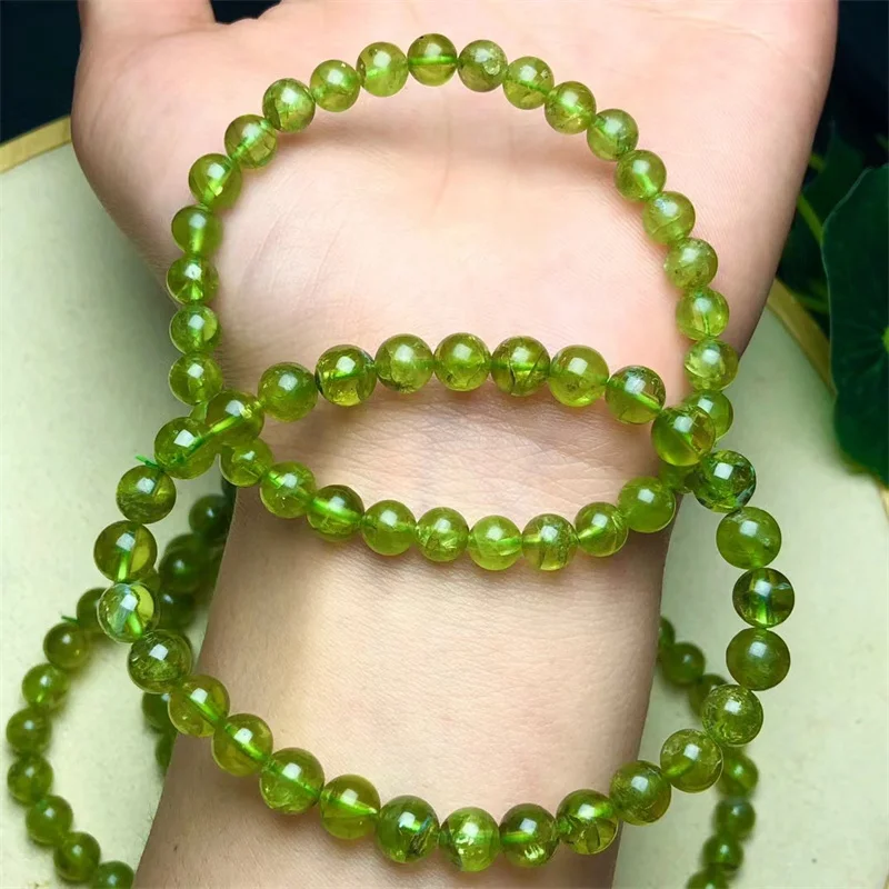 Natural Peridot Bracelet Crystal Smooth Round Beads Healing Fengshui For Jewelry Making Holiday Gift 1PCS 6/7MM