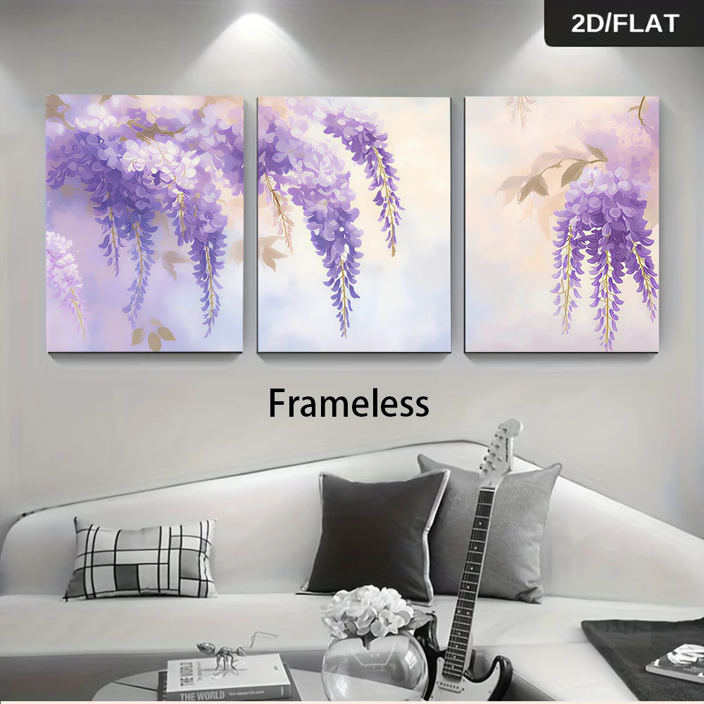 1 set of wisteria flower triptych frameless decorative paintings, modern minimalist background wall decoration, 2D plan