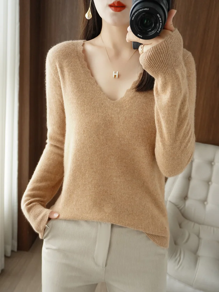 2026 New Women's Merino Wool Sweater Women's Wool Knit Pullover Lace V-Neck Long-Sleeve Slim-Fit Sweater Base Layer