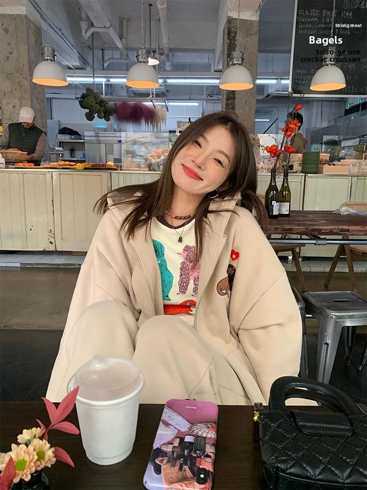 Women's Embroidered Fce Sports Set Long Sve Zipper Hooded Sweatirt Pants Autumn Winter Design Two-Piece Casual Outfit