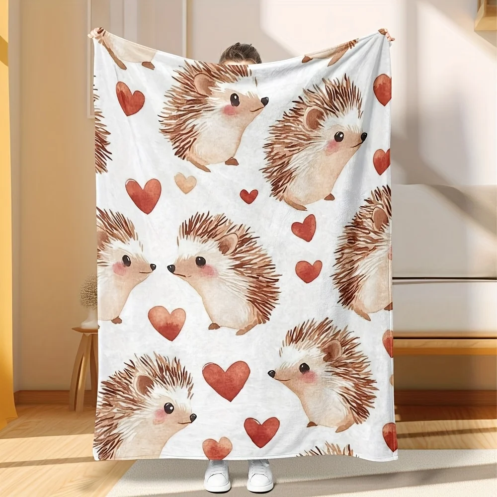 Ultra Soft Hedgehog Print Throw Blanket Cozy Gift for Baby Shower Nursery Kids Decor Cute Animal Heart Pattern Picnic Throw