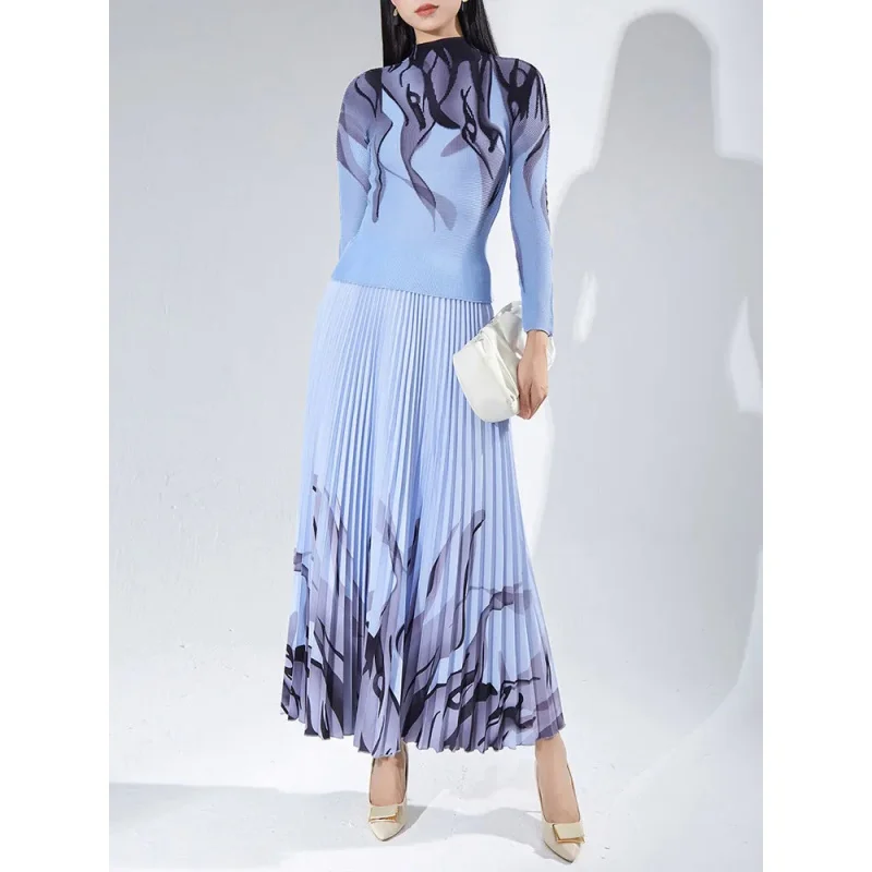 Fashion Print Pleated 2 Pieces Set Women Long Sleeves Tops High Waist A-line Skirt Elegant Party 2023 Autumn New 17G663