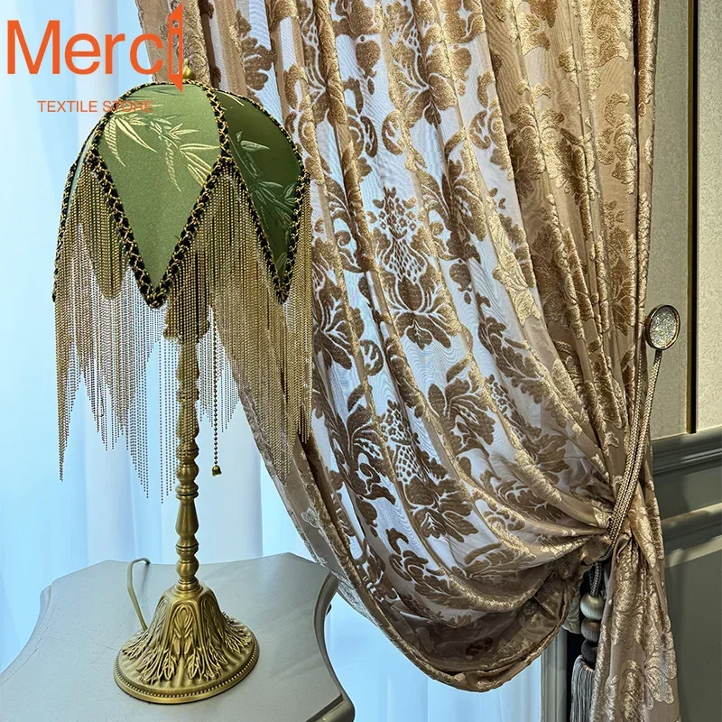 French Golden Hollow Tulle Suede Jacquard Curtains Modern Light Luxury Villa Curtains for Living Dining Room Bedroom Custom