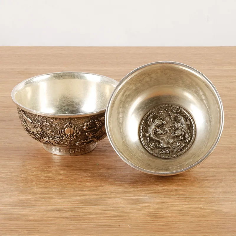 

Antique Collection Imitation Relief Inlaid Jade Old Wholesale Home Office Decoration Solid Silver Plated Bowl