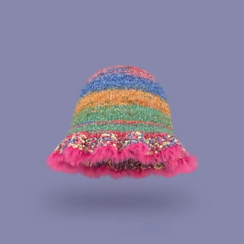 

L5YA Knit Striped Plush Bucket Hat Keep Warm Fisherman Hat for Girls Skiing Cycling