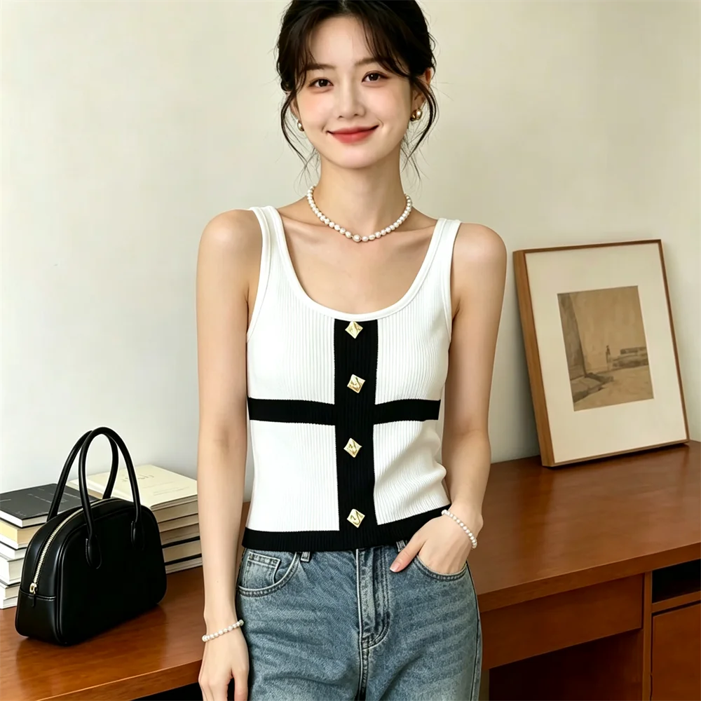 Women's Sleeveless Knit Tops Dressy Summer Vacation Going Out Outfits Square Neck Button Front Crop Tank Top