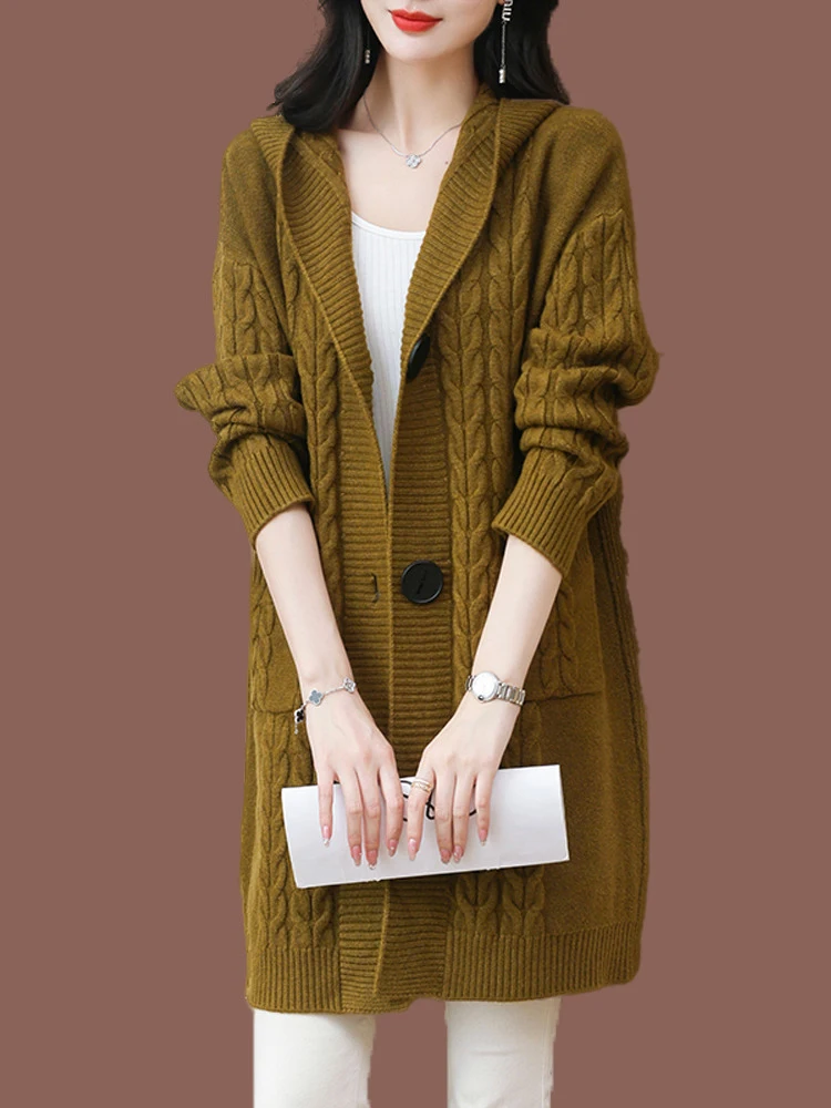 Cardigan lavorato a maglia Thiened Capispalla primaverile da donna Lungo Sve Cappotto maglione con cappuccio in puro colore Coreano Sle Pendolarismo Faion