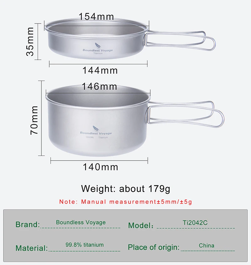 Boundless Voyage 1000ml & 500ml Titanium Pot Pan Set Camping Cookware Lightweight Outdoor Travel Backpacking Kitchen Cooking Kit