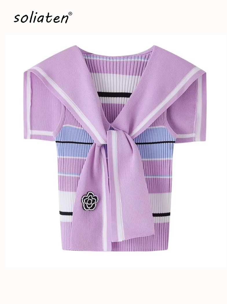 

Women Flower Beading Tank Tops Striped Casual Summer Vest Ladies Summer Tops Knit Vest With Cape Knitwear B-091