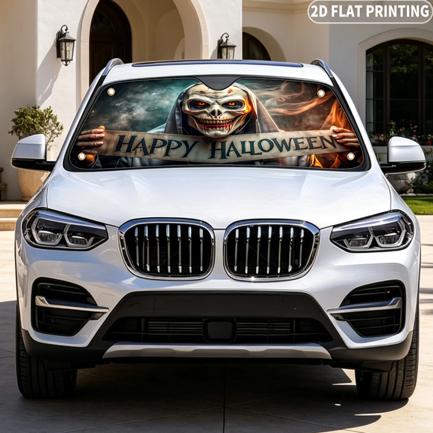 Pare-soleil universel pour pare-brise de voiture, avec impression de bannière Happy Halloween Skull, design d'impression 2D PLAT, pare-soleil avec 4 ventouses