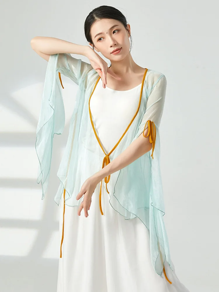 بلوزة رقص فضفاضة بأكمام جرس شبكية على شكل حرف V - ملابس أداء أنيقة بأكمام طويلة للنساء ملابس أزياء المسرح الكلاسيكي