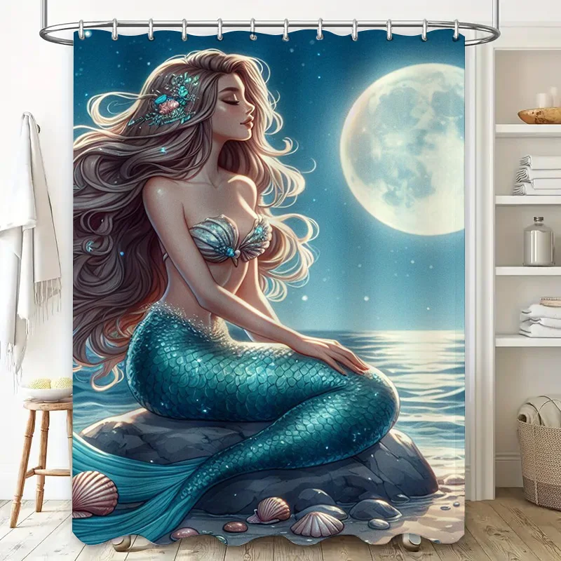 Mermaid Shower Curtain Underwater Kingdom Decor for Bathroom Moonlit Ocean Scene Perfect Gift Idea