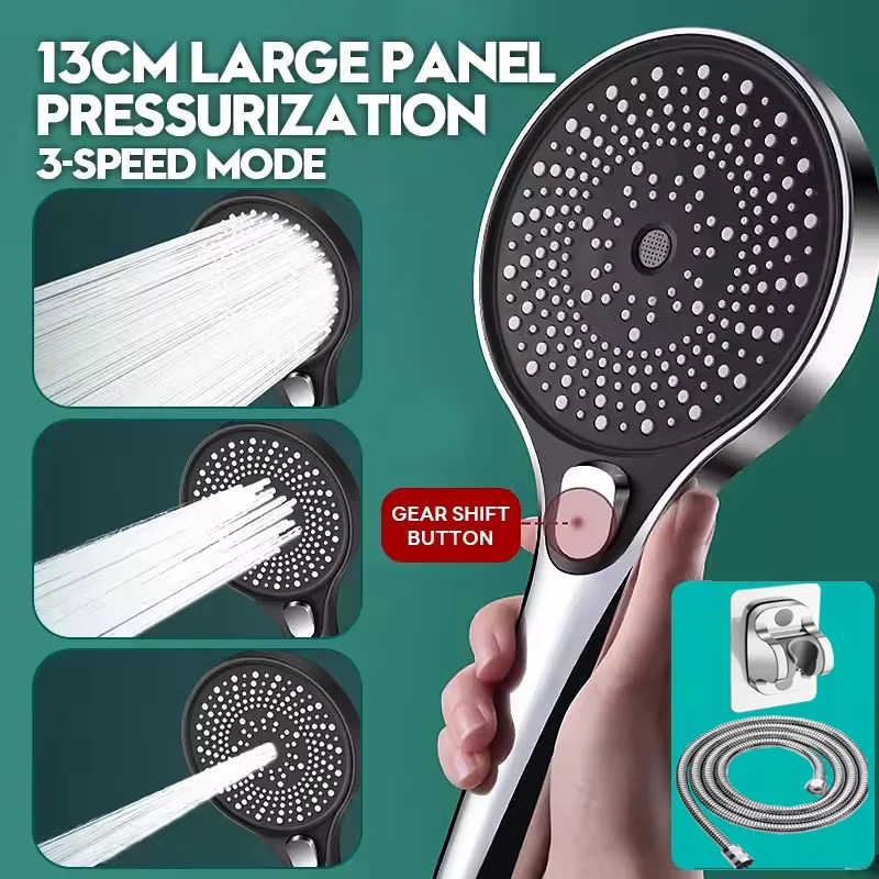 

130MM Big Panel High Pressure Shower Head Set 3 Modes Adjustable Large Flow Waterfall Pressurised Bathroom Handheld Showerhead