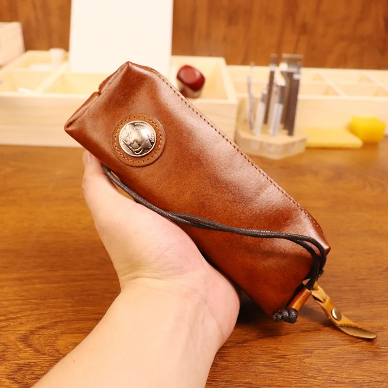 Top-grain Leather Pencil Case Pencil Bag Cowhide Retro Glasses Bag Multi-functional Large-capacity Pencil Case Peb Storage Bag