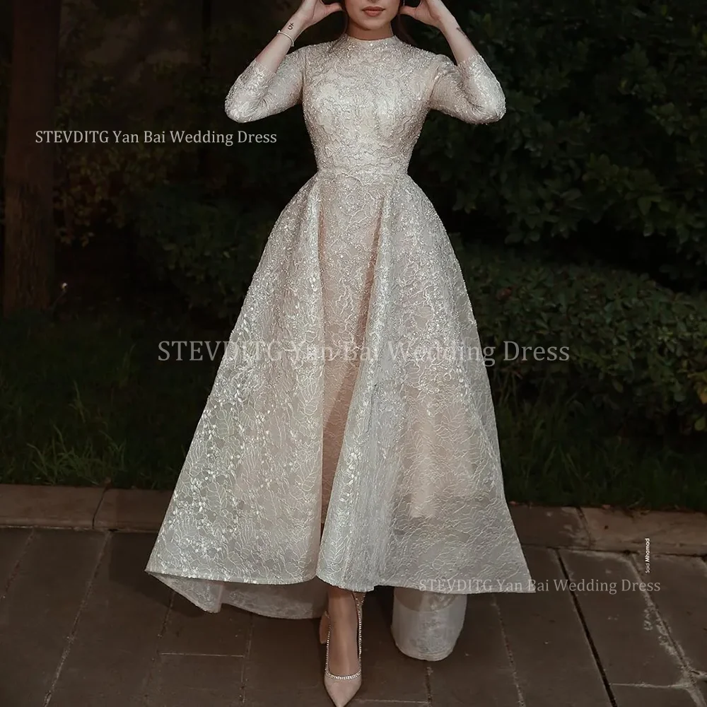 Eleganckie modne koronkowe aplikacje suknie balowe dla kobiet arabskie frezowanie strój muzułmański formalne wesele panna młoda suknia w stylu Vintage