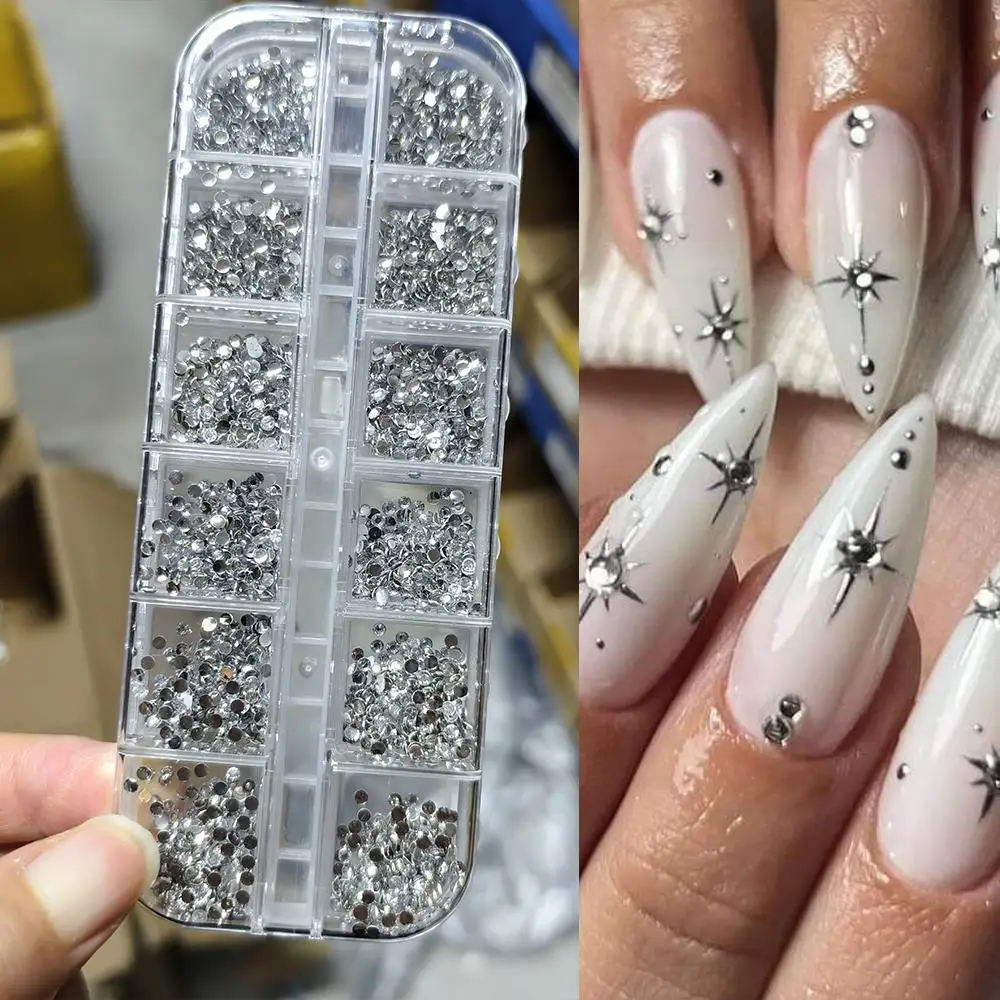 12 Gitter 3D Glänzende Weiße Glas-Nagelkunst-Strasssteine 2mm Flachrückseite Runde Diamanten Nageldekorationen DIY Bastelzubehör Maniküre-Accessoires