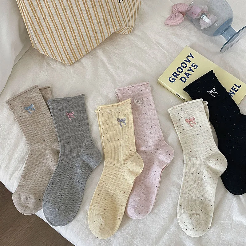 

1/6 пары носков средней длины из чистого хлопка с вышивкой в горошек и песком, тонкие носки с загнутыми краями, униформа, размер, штабелируемые носки 2026