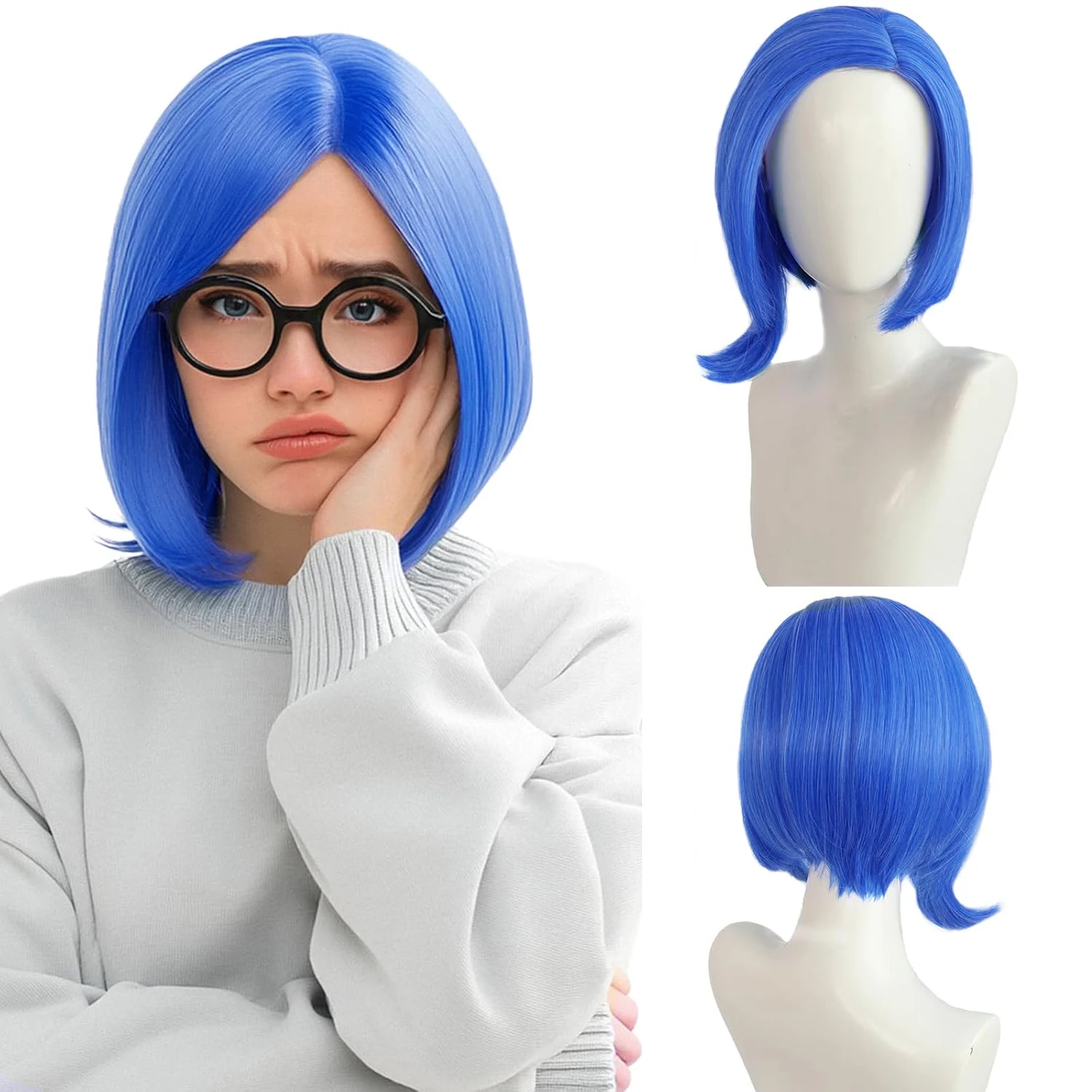 Blue Sadness Wigs with Black Glasses Frames Girls Blue Bob Wig Anime Women Heat Resistant Synthetic Cosplay Halloween Costume