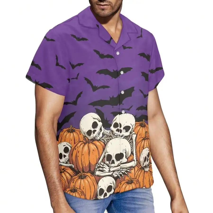 

Mens Halloween Hawaiian Shirt Purple Skull Pumpkin Bat Print Casual Short Sleeve Camp Collar