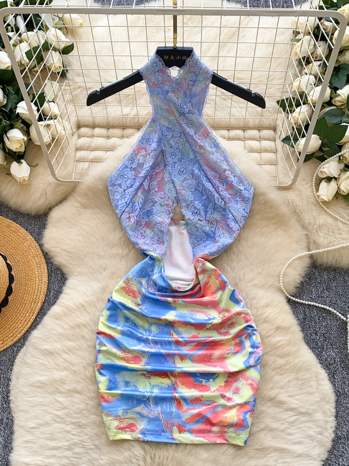 فستان قصير مثير بفتحات متقاطعة من الدانتيل مع تنورة ملفوفة على الطراز الكوري بخصر مرتفع وقصة على شكل حرف A مناسب للتنقلات الي... #5