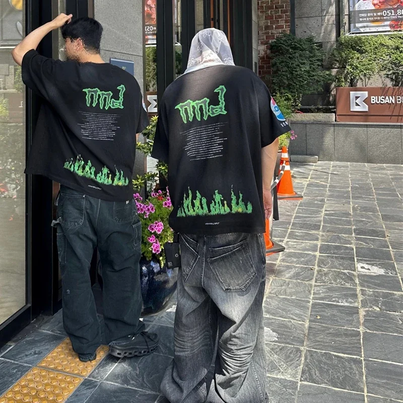 سانت مايكل موضة أفضل جودة 1:1 ملابس الشارع المطبوعة خمر تي شيرت عادية فضفاض بلايز الصيف المتضخم تي شيرت الرجال