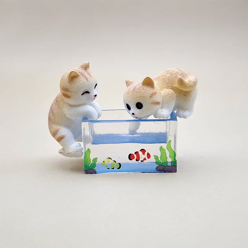 3Pcs/Set of Cat and Fish Tank Resin Figurines, Mini Miniature for Home DIY Craft Decorations, Desktop Model Creative Ornaments