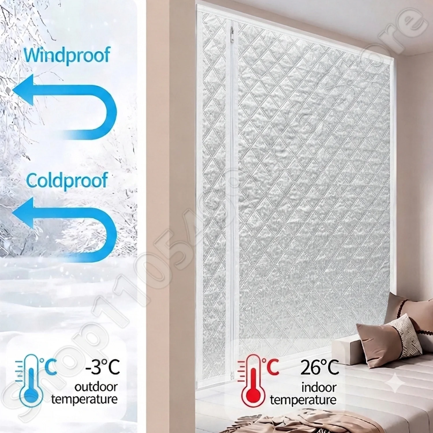 White, winter warm curtains, self-adhesive non perforated, thick windproof and cold proof curtains