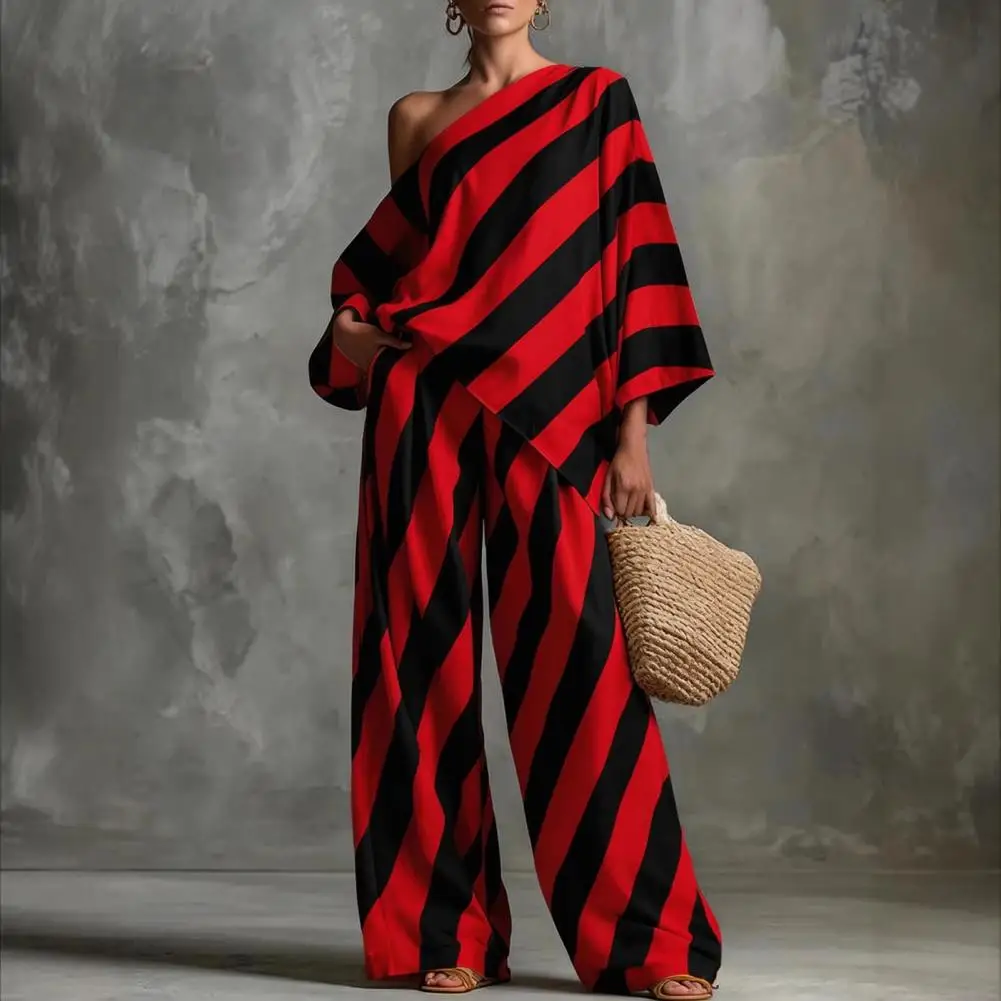 

Women Two-piece Suit Polyester Fiber Suit Women's Striped Two-piece Set Casual One-shoulder Top Pants Matching Outfit Summer